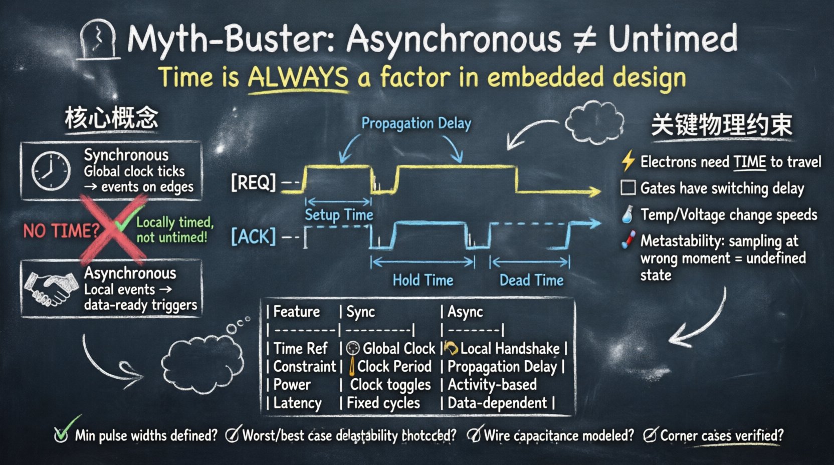 Chalkboard-style educational infographic explaining why asynchronous embedded design is not untimed, featuring hand-drawn timing diagrams, REQ-ACK handshake protocol, synchronous vs asynchronous comparison table, propagation delay concepts, metastability warnings, and a verification checklist for embedded engineers