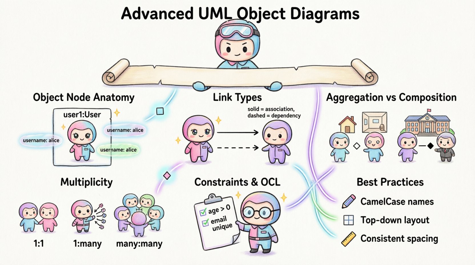 Chibi-style educational infographic illustrating advanced UML Object Diagram construction techniques: object node anatomy with instance naming, association and dependency links, multiplicity patterns, aggregation vs composition with diamond symbols, OCL constraints, and best practices for layout and naming—designed with cute kawaii characters for intuitive learning