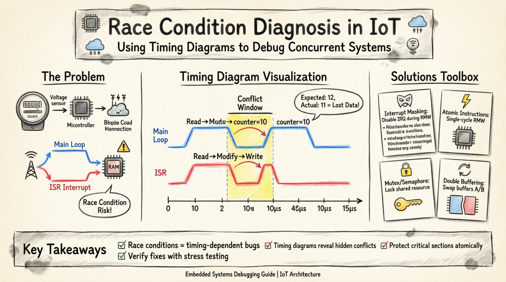 Marker-style infographic illustrating how to diagnose race conditions in IoT embedded systems using timing diagrams, featuring a smart energy meter case study with Read-Modify-Write cycle visualization, conflict window analysis, and four resolution strategies: interrupt masking, atomic instructions, mutex/semaphore locking, and double buffering