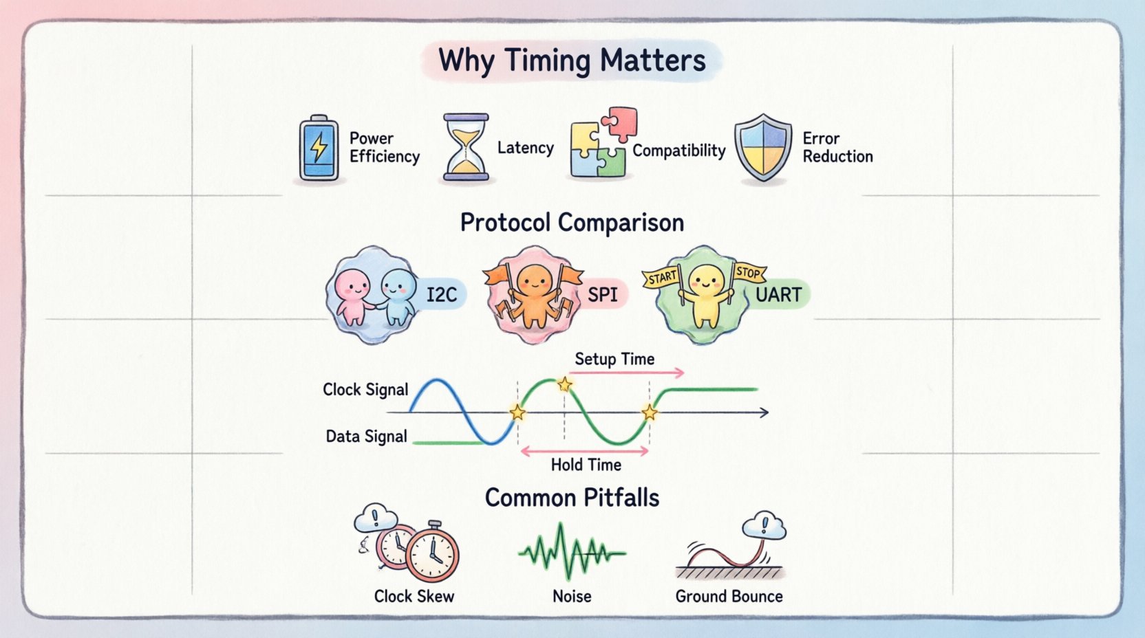 Chibi-style infographic explaining IoT timing diagrams for reliable component communication, featuring cute microcontroller and sensor characters, visual waveform showing clock signals, data transitions, setup and hold times, protocol comparison of I2C, SPI, and UART, plus common pitfalls like clock skew and signal noise, designed with pastel colors and playful typography for educational clarity