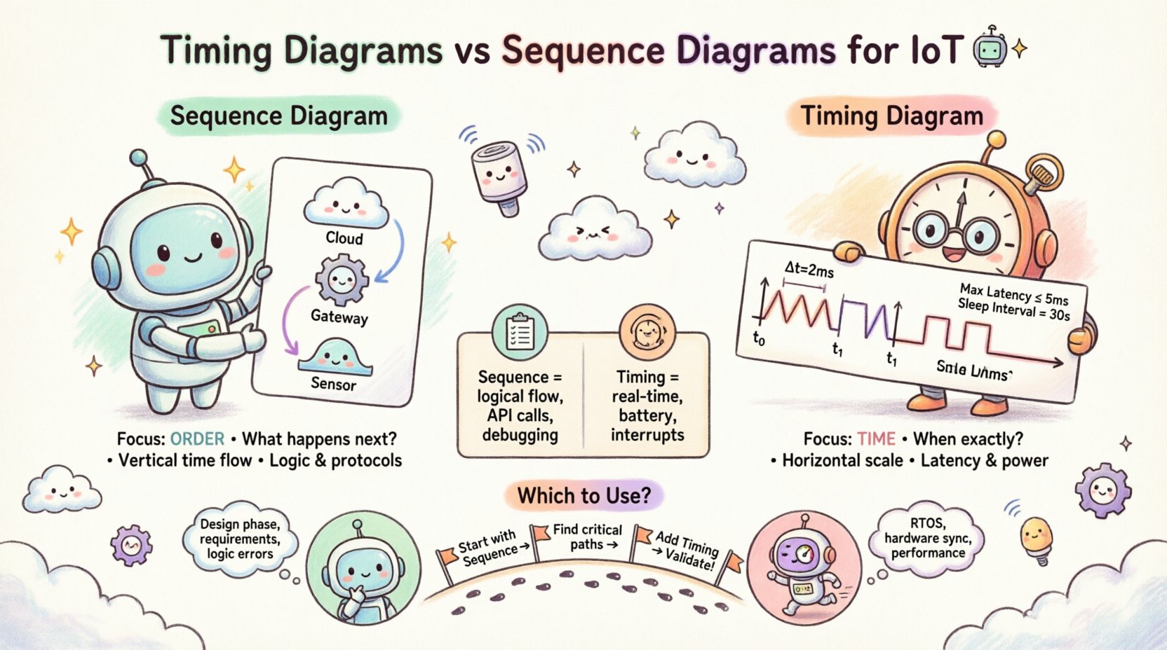 Kawaii-style infographic comparing Sequence Diagrams and Timing Diagrams for IoT developers, featuring cute robot characters, pastel colors, visual breakdown of logical flow versus temporal constraints, use cases for embedded systems, and integration workflow for real-time IoT architecture design