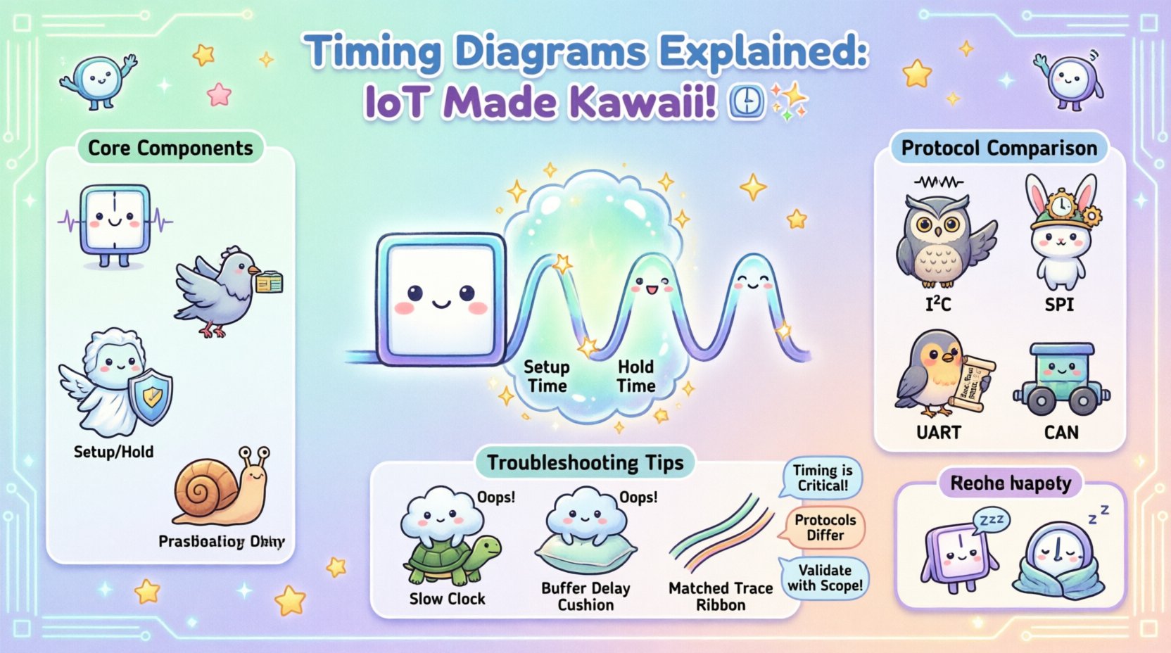 Kawaii style infographic explaining timing diagrams for IoT development, featuring cute clock signals, data lines, setup and hold times, protocol comparison (I2C, SPI, UART, CAN Bus), troubleshooting tips, and low-power optimization strategies in soft pastel colors with rounded friendly characters for embedded systems engineers