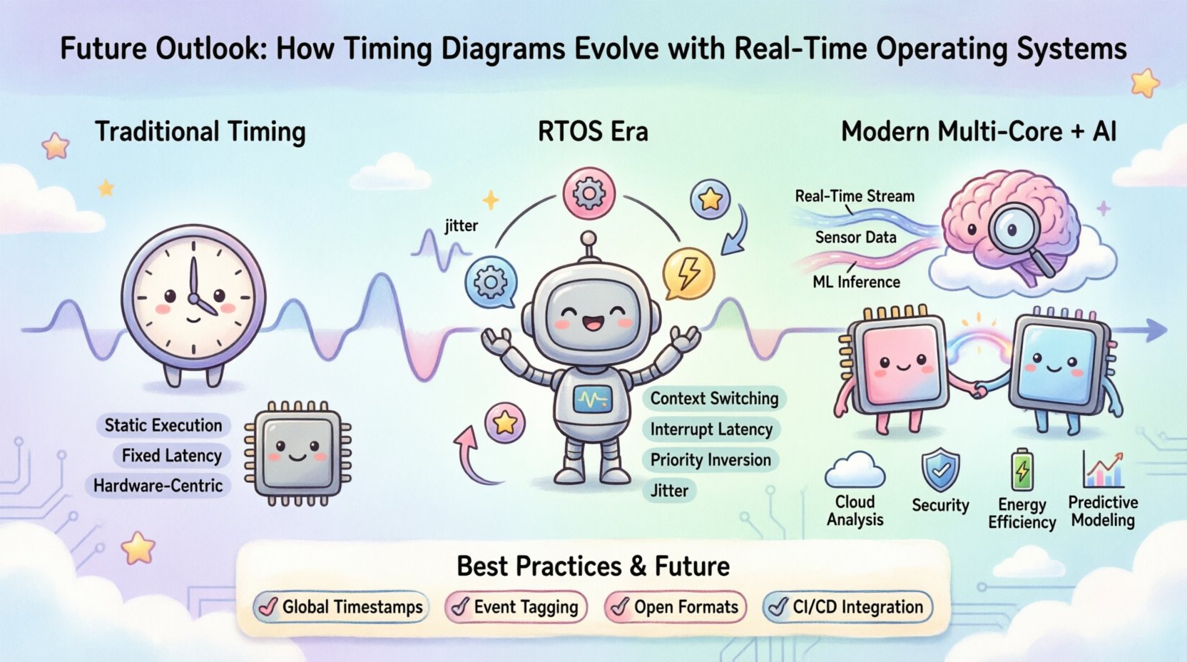 Cute kawaii vector infographic showing the evolution of timing diagrams in Real-Time Operating Systems, featuring pastel-colored illustrated characters for traditional hardware timing, RTOS task scheduling with context switching and jitter, multi-core processor synchronization, AI-powered predictive analysis, energy efficiency, and security best practices for embedded systems design