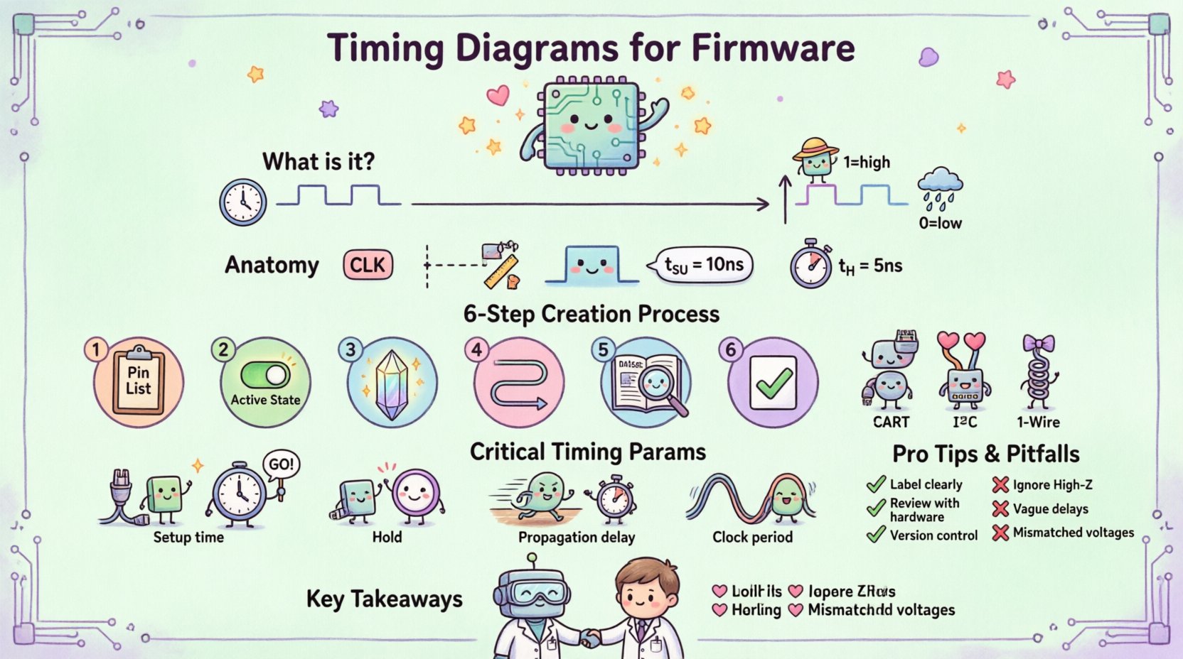 Kawaii-style infographic guide for creating firmware timing diagrams: illustrates fundamentals (time axis, signal levels, logic states), anatomy of professional diagrams, 6-step creation process, popular protocols (UART, I2C, SPI, 1-Wire), critical timing parameters (setup time, hold time, propagation delay), firmware considerations, common pitfalls to avoid, and collaboration tips with hardware teams - all presented with cute pastel illustrations, smiling microcontroller characters, and playful icons for embedded developers