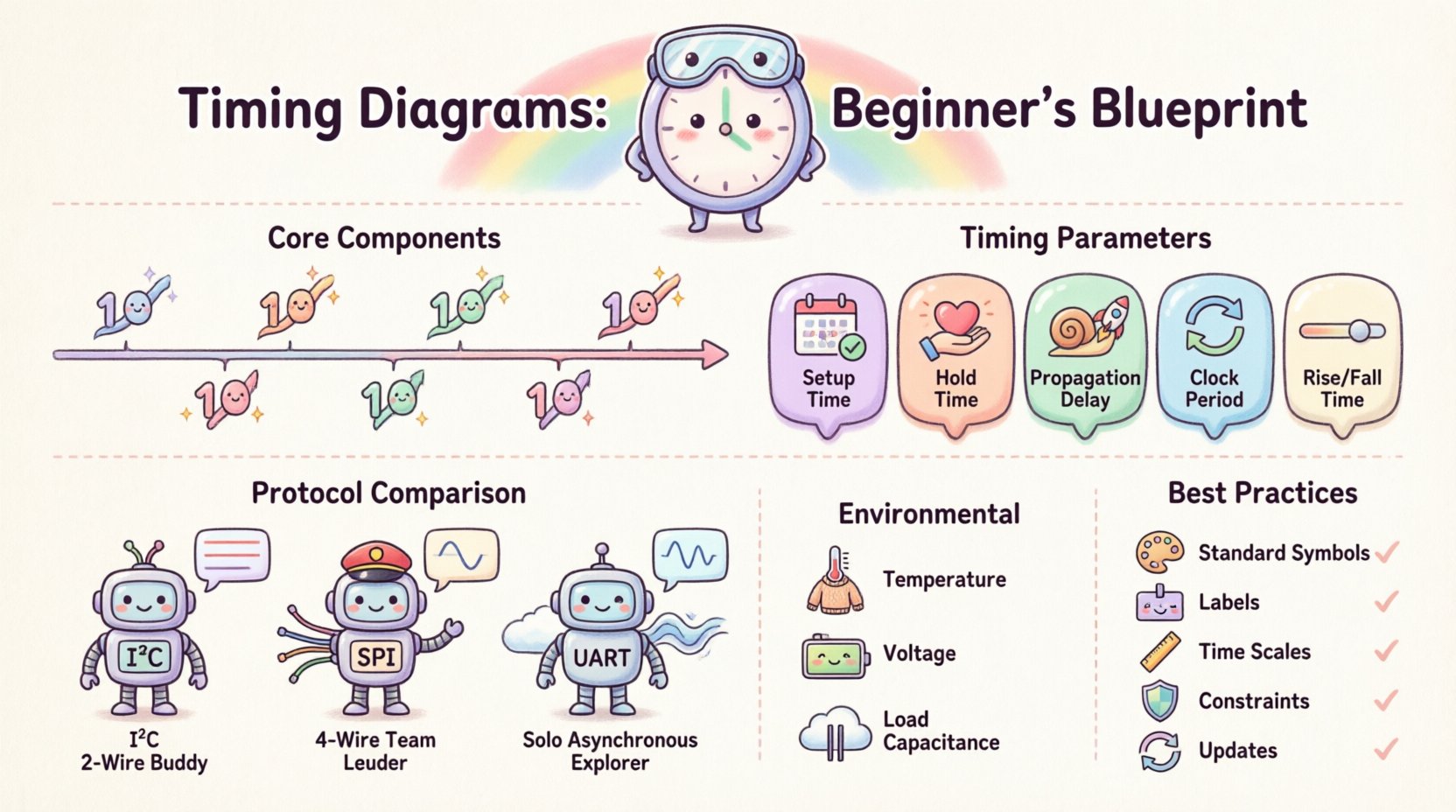 Cute kawaii-style vector infographic explaining timing diagrams for embedded systems beginners, featuring pastel-colored sections on core components (time axis, signal lines, logic levels, edges), essential timing parameters (setup time, hold time, propagation delay), protocol comparisons (I2C, SPI, UART), best practices checklist, and environmental factors, all illustrated with friendly rounded icons, smiling characters, and simplified visual elements on a 16:9 layout