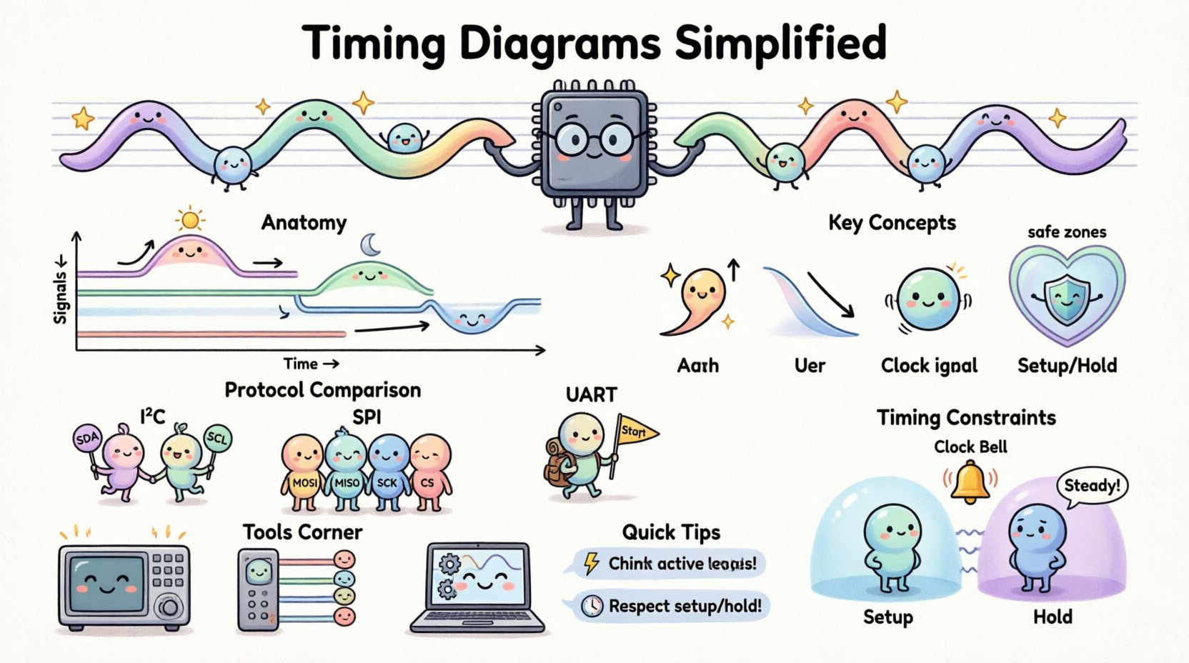 Cute kawaii vector infographic explaining timing diagrams for embedded systems beginners, featuring pastel-colored waveforms, logic levels, clock signals, setup/hold time zones, and simplified comparisons of I2C, SPI, and UART protocols with friendly character illustrations and rounded vector art style
