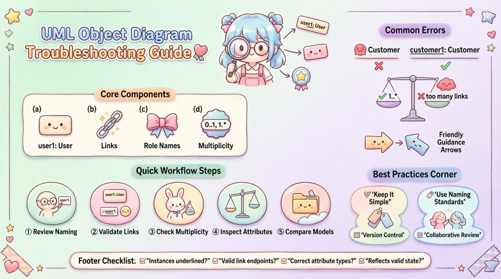 Kawaii-style infographic guide for troubleshooting UML Object Diagrams featuring cute pastel design with sections on instance naming conventions, link directionality, multiplicity validation, attribute formatting, and a 5-step workflow checklist. Includes adorable chibi characters, soft mint-pink-lavender color palette, visual examples of correct vs incorrect diagram syntax, and best practices for maintaining diagram integrity with class diagrams.