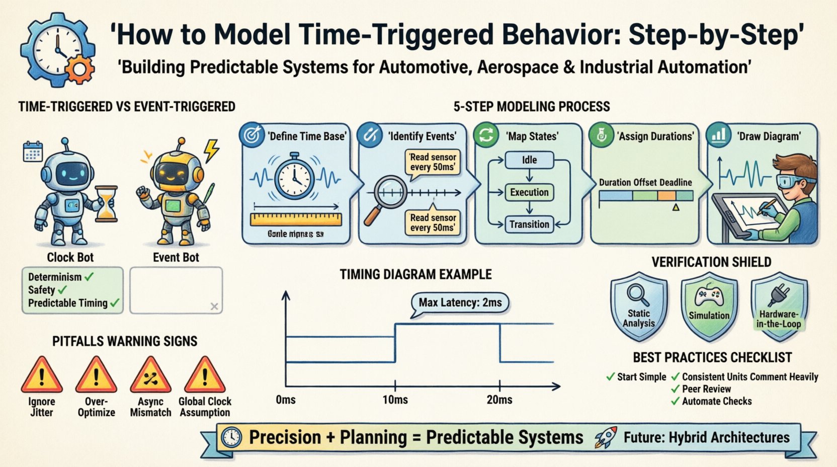Cartoon infographic illustrating a step-by-step guide to modeling time-triggered behavior for safety-critical systems. Features: comparison of time-triggered vs event-triggered architectures with friendly robot characters; 5-step modeling roadmap (define time base, identify events, map state transitions, assign durations/offsets, draw timing diagram); simplified timing diagram example with annotated signal waves; verification methods (static analysis, simulation, hardware-in-the-loop); common pitfalls warning signs; best practices checklist; and key takeaways ribbon. Bright, colorful cartoon style with clear visual hierarchy, designed for engineers learning predictable system design for automotive, aerospace, and industrial automation applications.