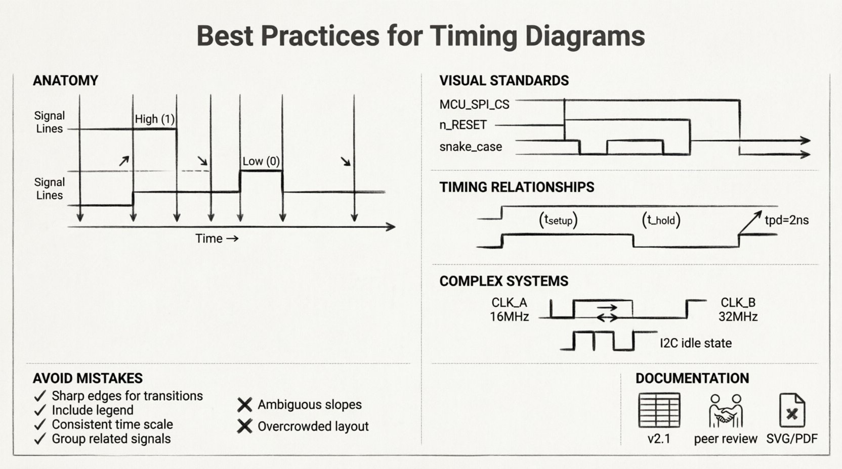 Line art infographic illustrating best practices for creating readable timing diagrams in embedded systems engineering, covering diagram anatomy, visual standards, timing relationships, complex interactions, common mistakes to avoid, and documentation guidelines
