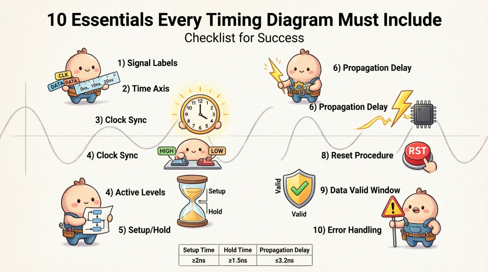 Chibi-style infographic illustrating the 10 essential elements every timing diagram must include: signal labels, time axis, clock synchronization, active level indicators, setup/hold times, propagation delays, state sequencing, reset procedures, data valid windows, and error handling, designed for digital engineering teams