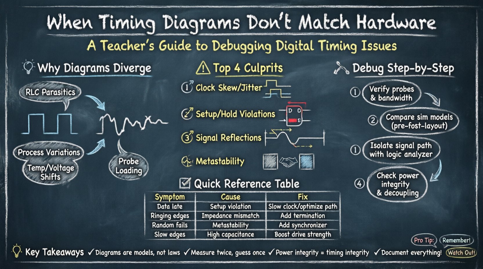 Chalkboard-style infographic illustrating troubleshooting guide for timing diagram mismatches in digital hardware design, covering causes like clock skew, setup/hold violations, signal integrity issues, and metastability, with step-by-step diagnostic methodology and quick-reference solutions table in teacher-style hand-written format