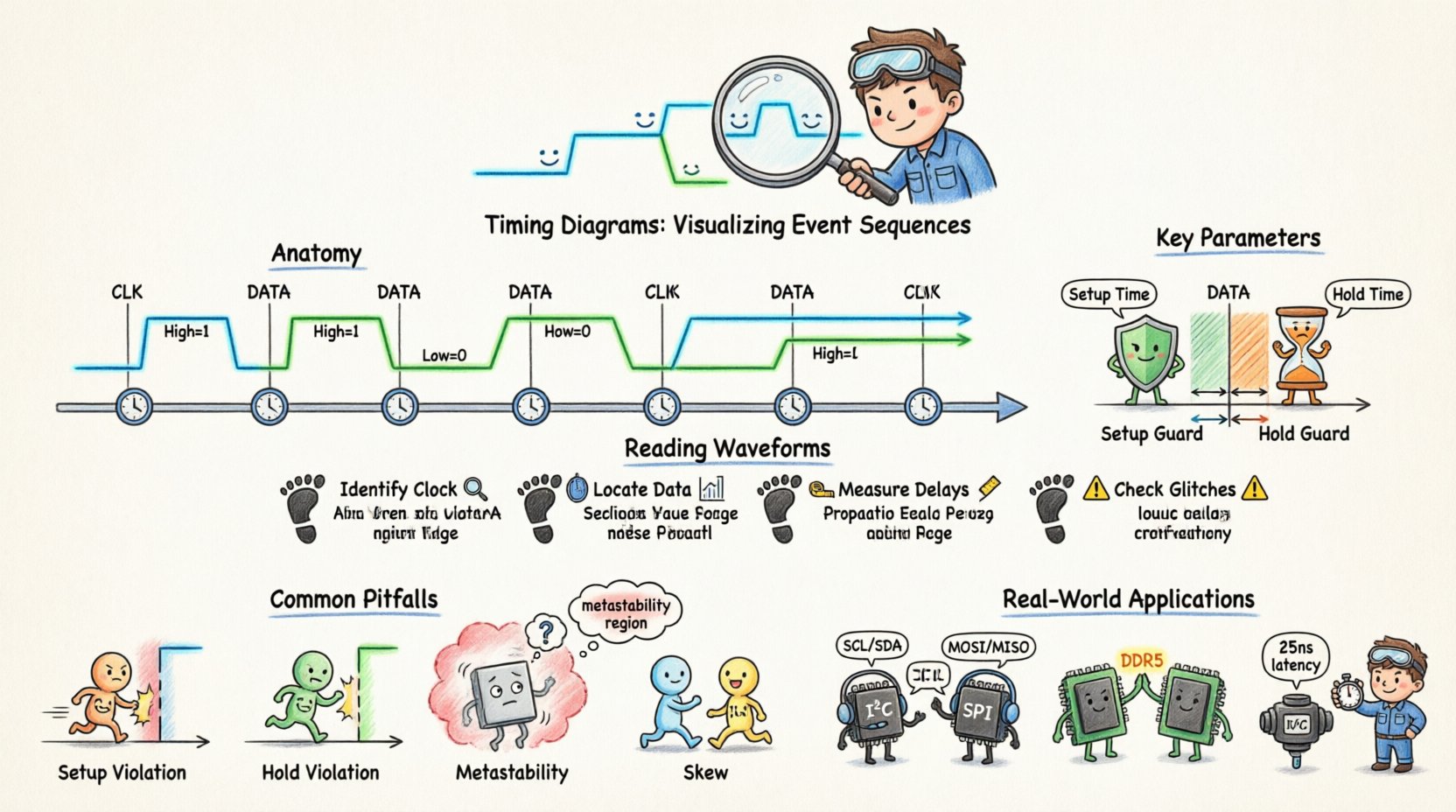 Cartoon infographic explaining timing diagrams for beginners: illustrates time axis, signal waveforms, setup and hold times relative to clock edges, propagation delay, synchronous vs asynchronous systems, common pitfalls like metastability and skew, and real-world applications in communication protocols and automotive electronics, with friendly engineer characters and colorful visual cues for intuitive learning