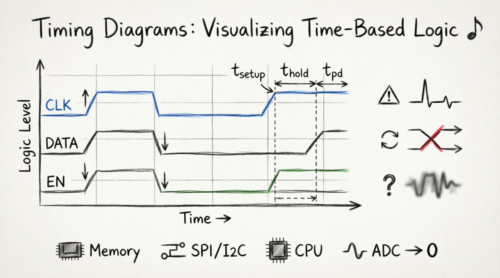 Hand-drawn sketch infographic explaining timing diagrams for digital electronics beginners, featuring labeled signal traces over time axis, setup and hold time windows, rising and falling edges, propagation delay annotations, and visual examples of common timing errors including glitches, race conditions, and metastability