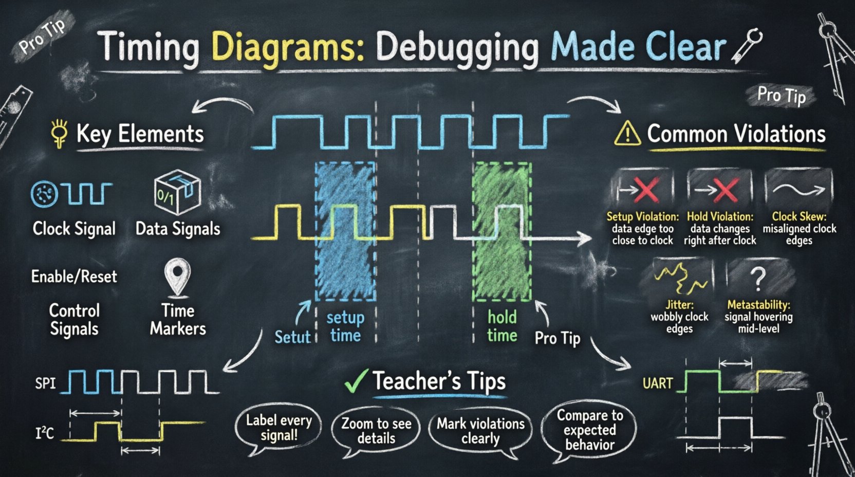 Chalkboard-style educational infographic explaining timing diagrams for debugging digital systems, featuring hand-drawn clock and data signal waveforms, highlighted setup and hold time windows, visual cards for common timing violations (setup violation, hold violation, clock skew, jitter, metastability), protocol timing examples for SPI/I2C/UART, and teacher tips for engineers, all presented in an easy-to-understand handwritten chalk aesthetic on a dark blackboard background