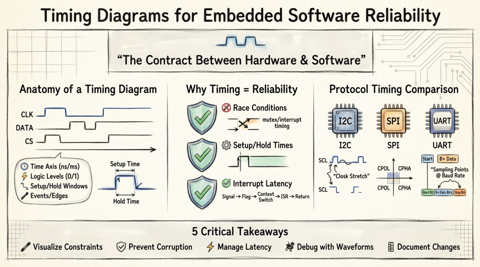 Hand-drawn infographic explaining timing diagrams for embedded software reliability, featuring anatomy of timing diagrams with signal lines and setup/hold times, three reliability pillars (preventing race conditions, managing setup/hold times, defining interrupt latency), protocol comparison of I2C clock stretching, SPI phase alignment, and UART baud timing, plus five critical takeaways for robust embedded system design