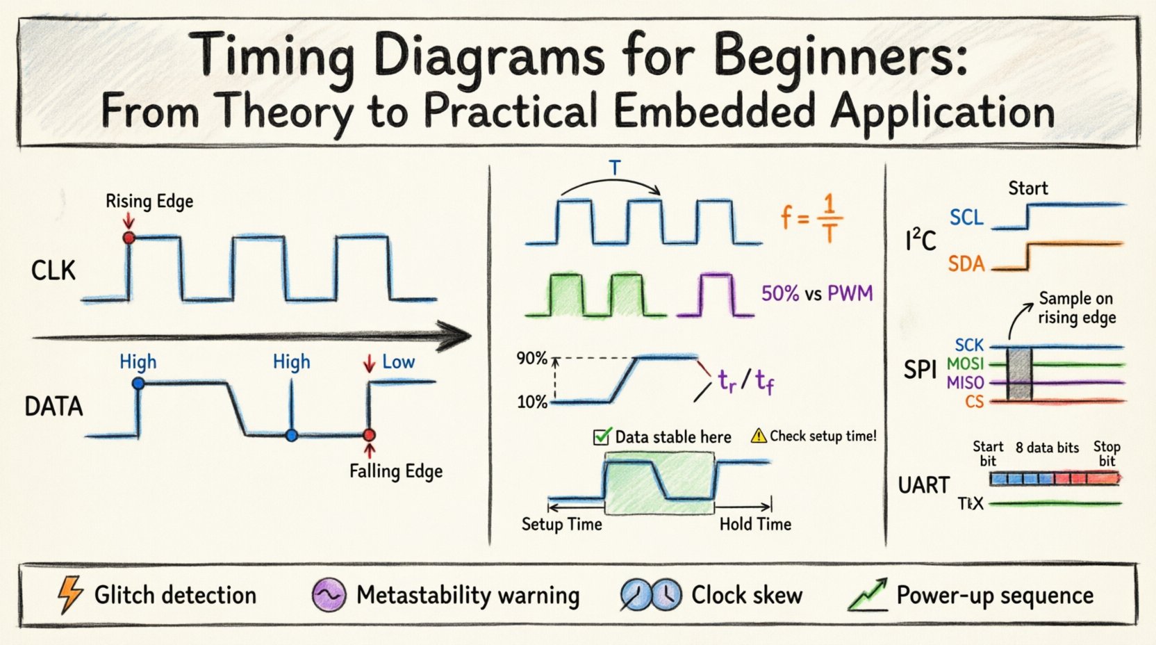 Marker-style infographic explaining timing diagrams for embedded systems: visualizes clock and data signals over time, core parameters (setup time, hold time, rise/fall time, duty cycle, frequency), and timing characteristics of I2C, SPI, and UART protocols with practical debugging tips for engineers
