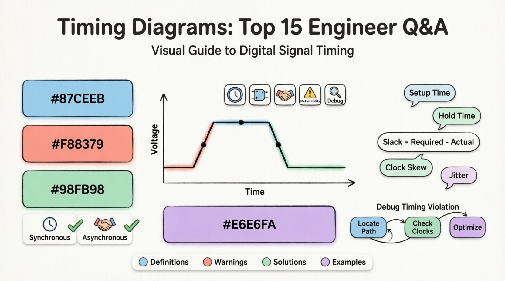 Infographic: Timing Diagrams Q&A for Engineers - Simple flat design guide covering 15 essential questions about digital signal timing, including setup/hold time, clock skew, metastability, synchronous vs asynchronous design, propagation delay, jitter, and debugging tips. Features clean black-outline icons, pastel accent colors, rounded shapes, and student-friendly visual explanations on a balanced 16:9 layout.