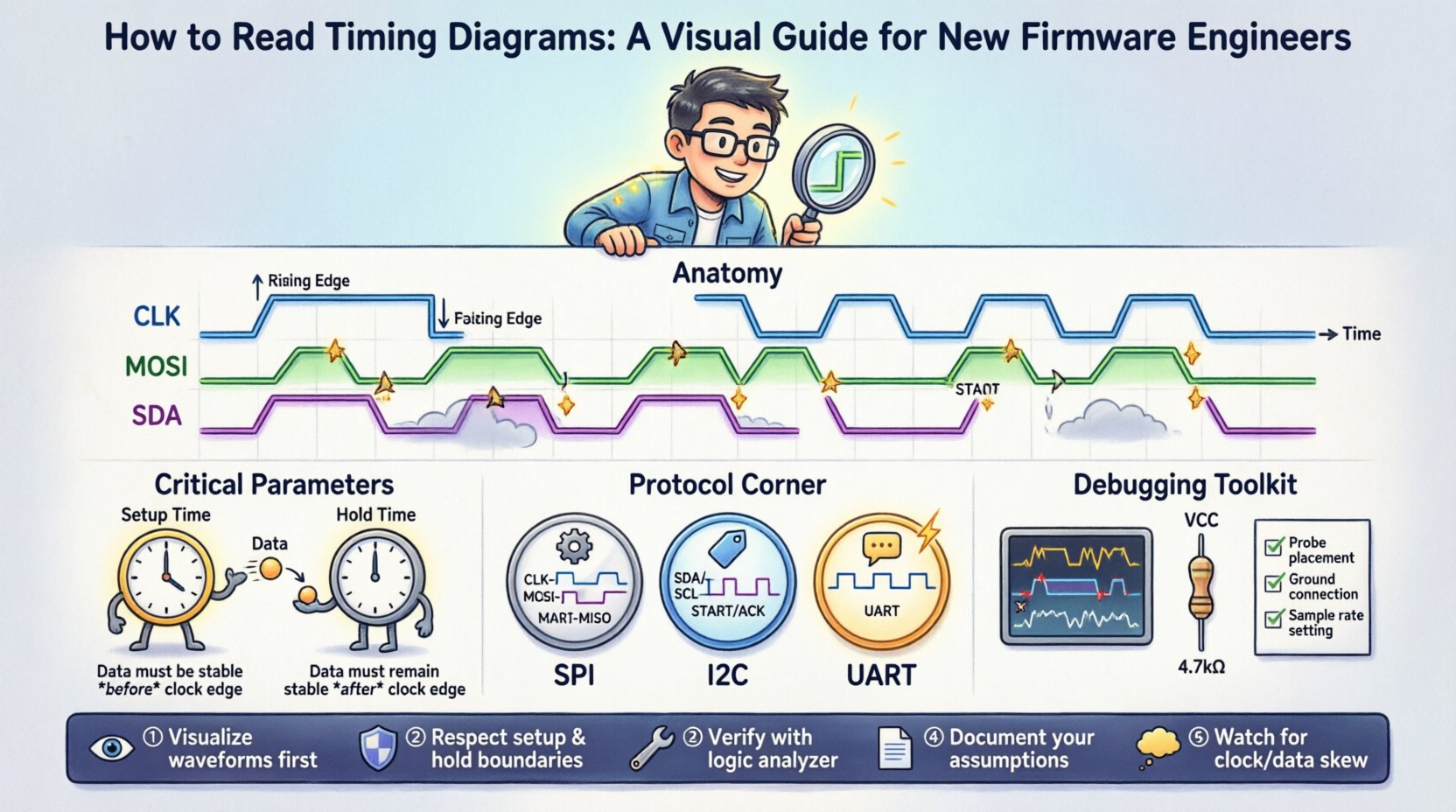 Cartoon-style infographic guide for firmware engineers on reading timing diagrams, featuring illustrated waveform anatomy, setup and hold time explanations with clock metaphors, simplified protocol timing for SPI I2C and UART, debugging toolkit visuals, and five key takeaways for signal integrity and protocol compliance