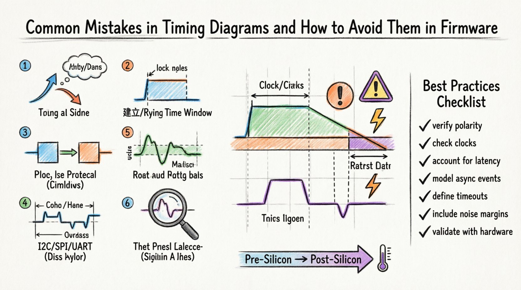 Marker-style infographic illustrating 6 common firmware timing diagram mistakes: edge trigger misinterpretation, setup/hold time violations, clock domain crossing issues, bus protocol oversimplification, signal integrity neglect, and debugging without context; includes visual timing waveforms, best practices checklist, and hardware-software synchronization guidance for embedded systems developers