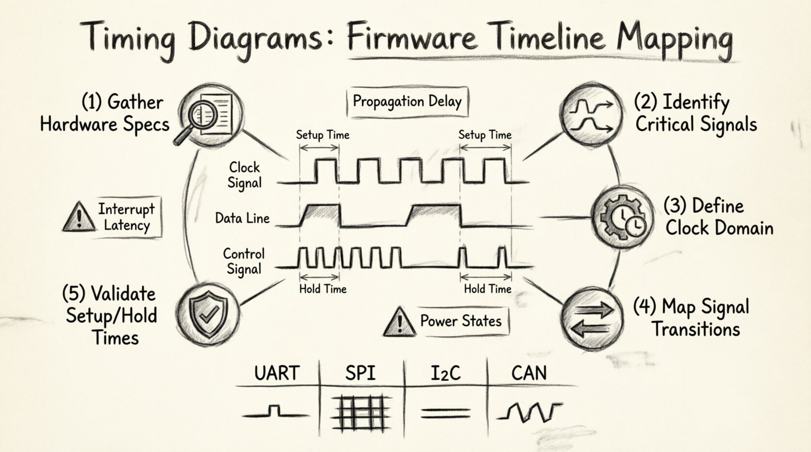 Charcoal contour sketch infographic showing a 5-phase method for mapping firmware timing diagrams: gathering hardware specs from datasheets, identifying critical clock/data/control signals, defining clock domains with cycle calculations, mapping signal transitions from trigger to teardown, and validating setup/hold time windows; includes simplified waveform example, protocol comparison icons for UART/SPI/I2C/CAN, and visual callouts for common pitfalls like propagation delay and interrupt latency