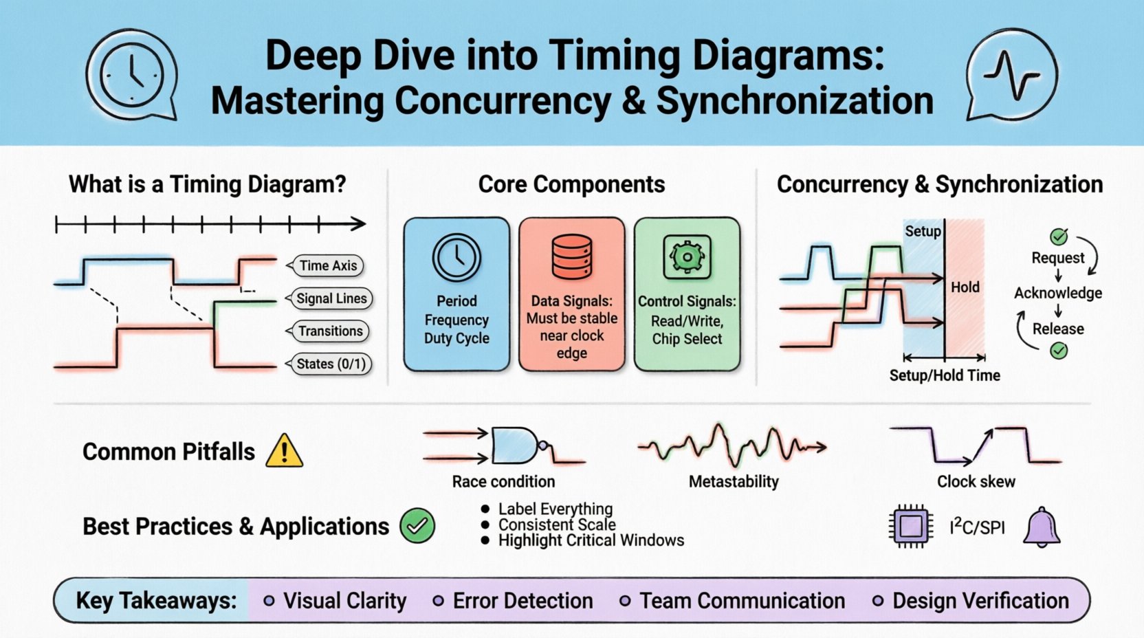 Educational infographic about timing diagrams in digital systems design, featuring flat design illustrations of clock signals, data signals, concurrency visualization, setup and hold time windows, handshake protocols, common pitfalls like race conditions and metastability, plus best practices and real-world applications, rendered in clean pastel colors with black outlines and rounded shapes for student-friendly learning