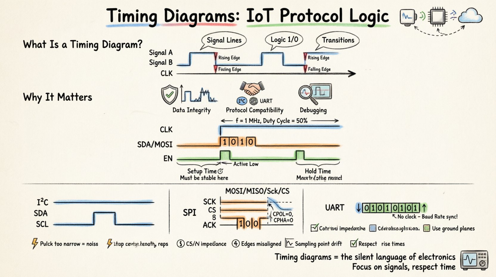 Hand-drawn infographic explaining timing diagrams for IoT protocols: visual guide to reading signal waveforms, clock edges, data validity windows, and protocol comparisons for I2C, SPI, and UART with troubleshooting tips and best practices for embedded systems engineers