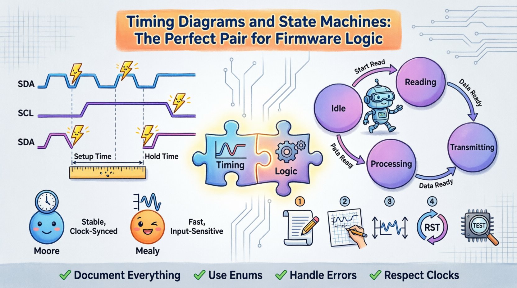 Cartoon infographic showing how timing diagrams and finite state machines combine to create reliable firmware logic, featuring signal waveforms, state transition diagrams, Moore vs Mealy machine comparison, 5-step implementation workflow, and embedded systems best practices for engineers