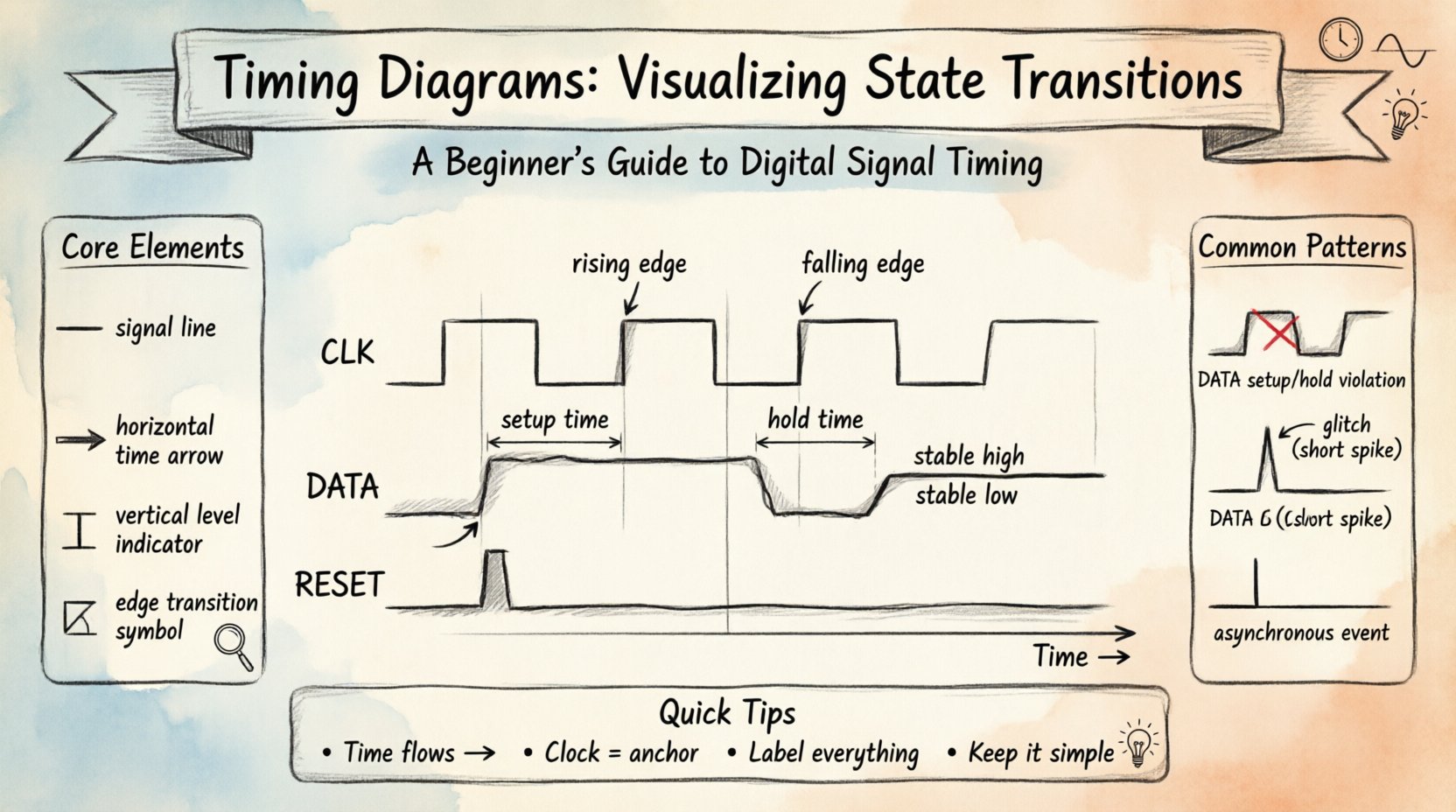 Hand-drawn infographic teaching timing diagrams for digital systems: shows clock/data/control signals, state transitions, setup/hold times, rising/falling edges, glitches, and beginner tips for reading and creating timing diagrams