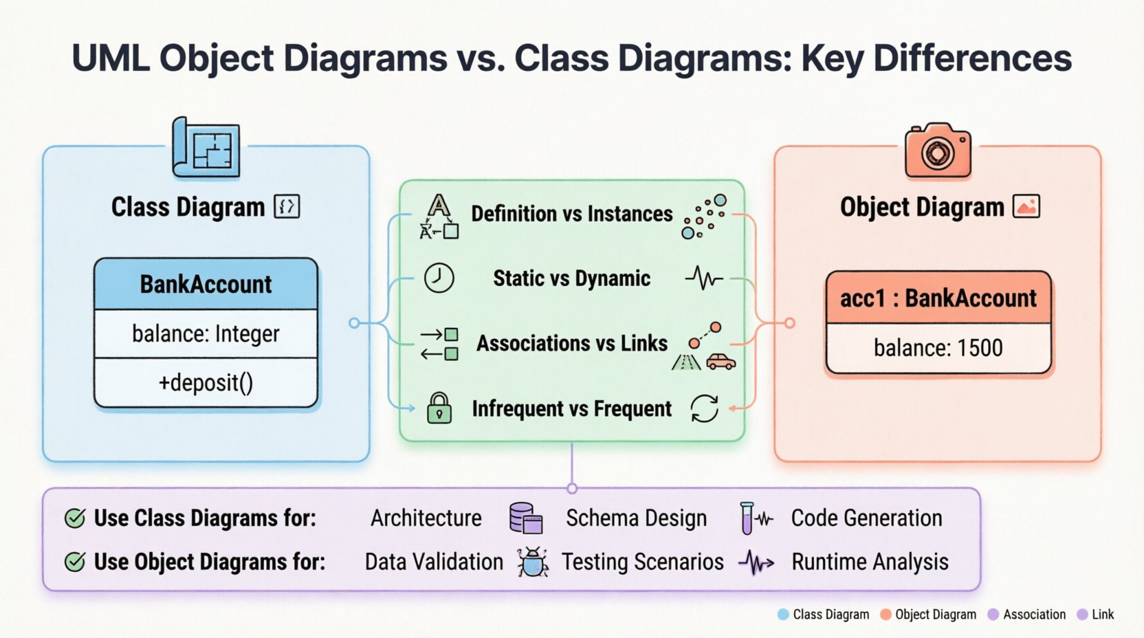 Educational infographic comparing UML Class Diagrams and Object Diagrams: flat design illustration showing key differences including static blueprint vs runtime snapshot, type-level vs instance-level modeling, attribute types vs values, and use cases for software design, debugging, and testing with pastel colors and friendly icons