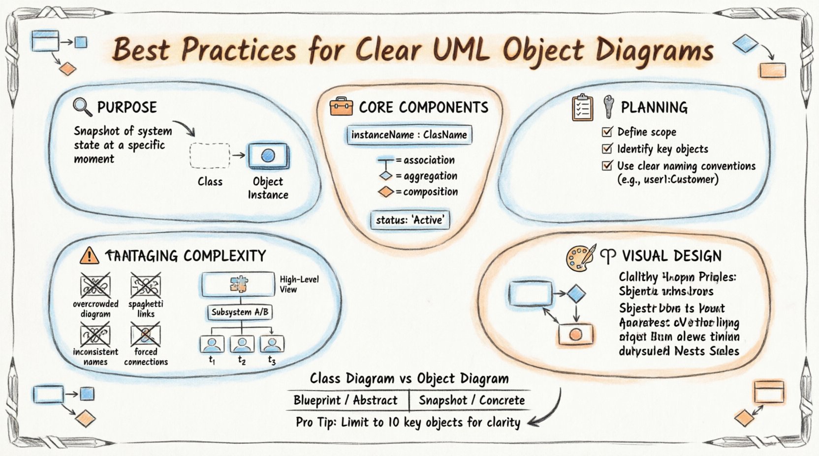 Hand-drawn infographic illustrating best practices for designing clear UML object diagrams, covering purpose, core components, planning steps, visual design principles, common pitfalls to avoid, and complexity management strategies, with a comparison table between class and object diagrams