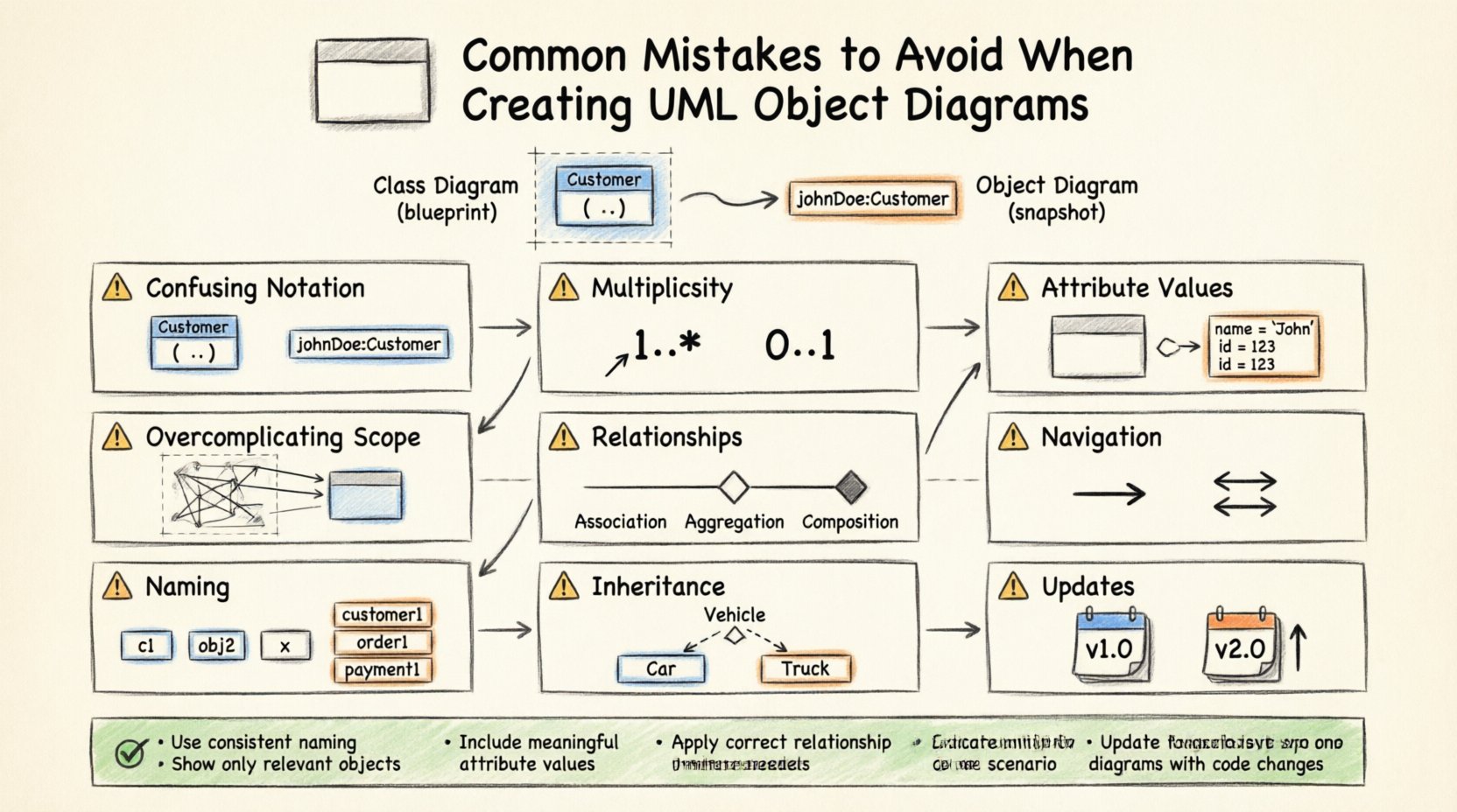 Hand-drawn infographic illustrating 9 common mistakes to avoid when creating UML Object Diagrams: confusing class/object notation, ignoring multiplicity constraints, inconsistent attribute values, overcomplicating scope, misrepresenting associations/aggregations, neglecting navigation paths, inconsistent naming conventions, ignoring inheritance, and failing to update diagrams. Includes visual examples, correct vs incorrect comparisons, and a best practices checklist for accurate instance modeling in software design.