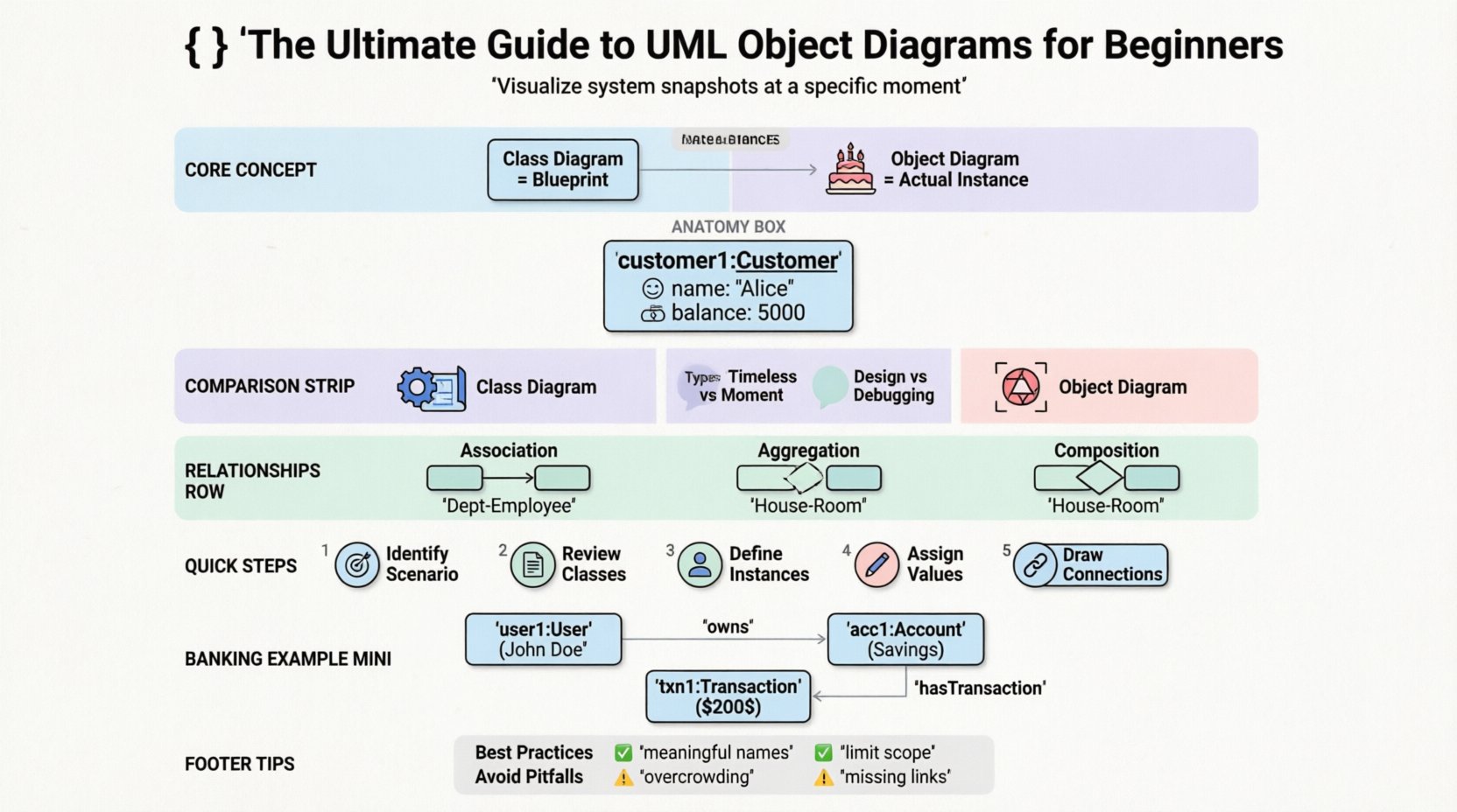 Educational infographic explaining UML Object Diagrams for beginners: features flat design illustrations comparing class diagrams (blueprint) vs object diagrams (snapshot), anatomy of object instances with attributes and values, relationship types (association, aggregation, composition), 5-step creation process, and a banking system example, all rendered with soft pastel colors, rounded shapes, and clean black outlines for student-friendly learning