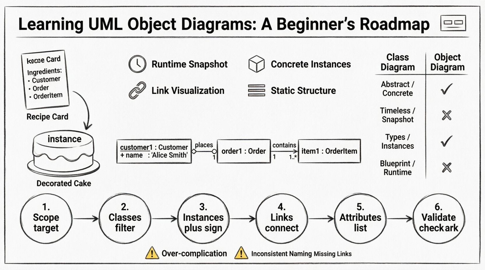 Line art infographic illustrating UML object diagrams for beginners: shows recipe-to-cake analogy, object notation syntax with customer1:Customer example, instance linking with multiplicity constraints, class vs object diagram comparison table, and 6-step construction workflow in clean minimalist black and white style