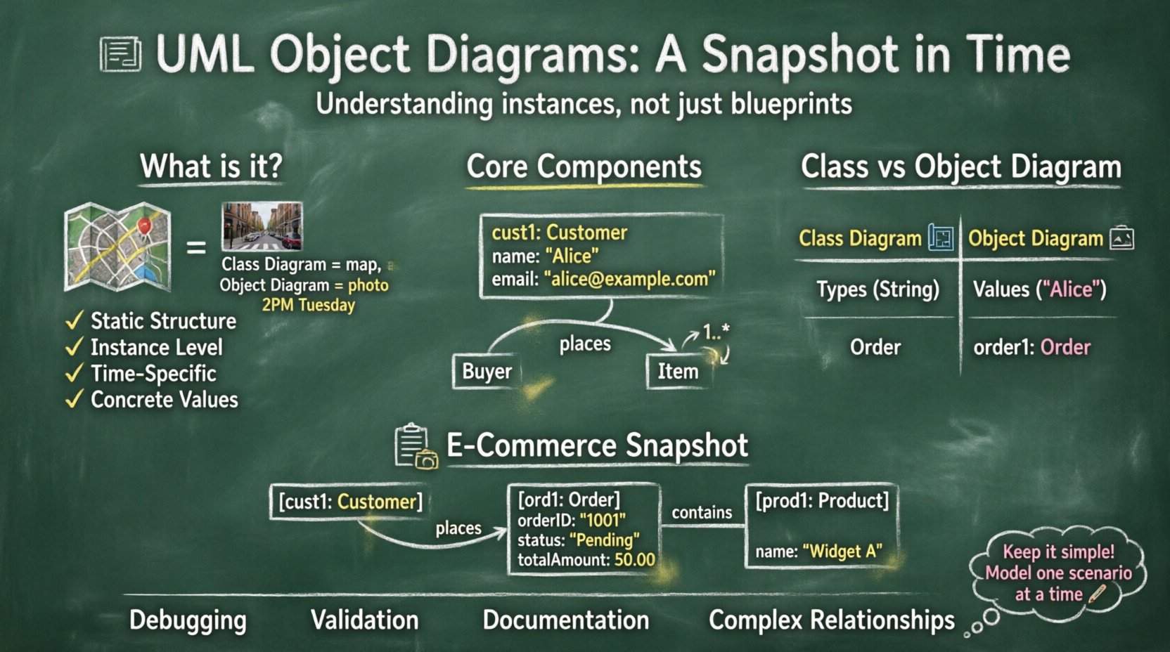 Chalkboard-style educational infographic explaining UML Object Diagrams: shows the snapshot-vs-blueprint analogy, core components (objects, links, multiplicity, role names), comparison table with Class Diagrams, and a practical e-commerce example with Customer-Order-Product relationships, all in hand-written teacher aesthetic with white chalk on green background