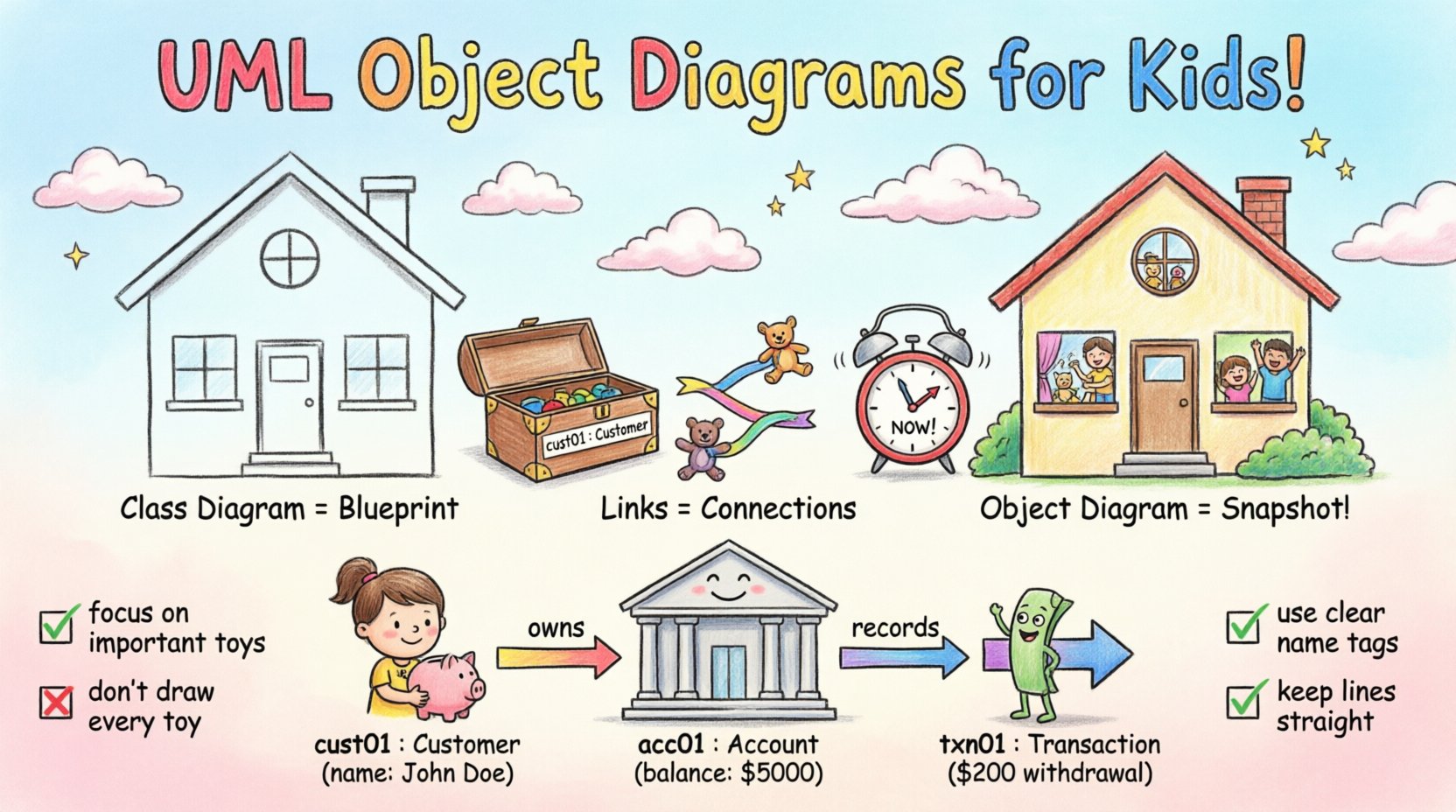 Child-friendly infographic explaining UML Object Diagrams with playful crayon-style illustrations comparing class diagram blueprints to object diagram snapshots, showing instances, links, relationships, and a banking system example with cartoon characters