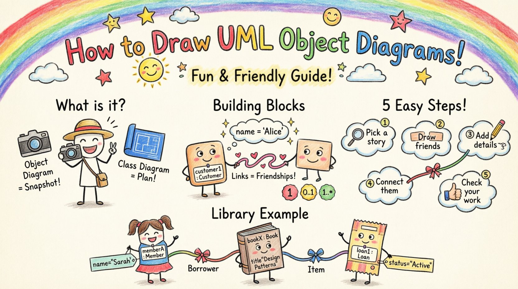 Colorful child-style infographic explaining UML object diagrams with playful hand-drawn illustrations showing object instances as rectangle characters, links as connecting strings, data values in speech bubbles, a 5-step drawing guide, and a library example with Sarah borrowing a Design Patterns book