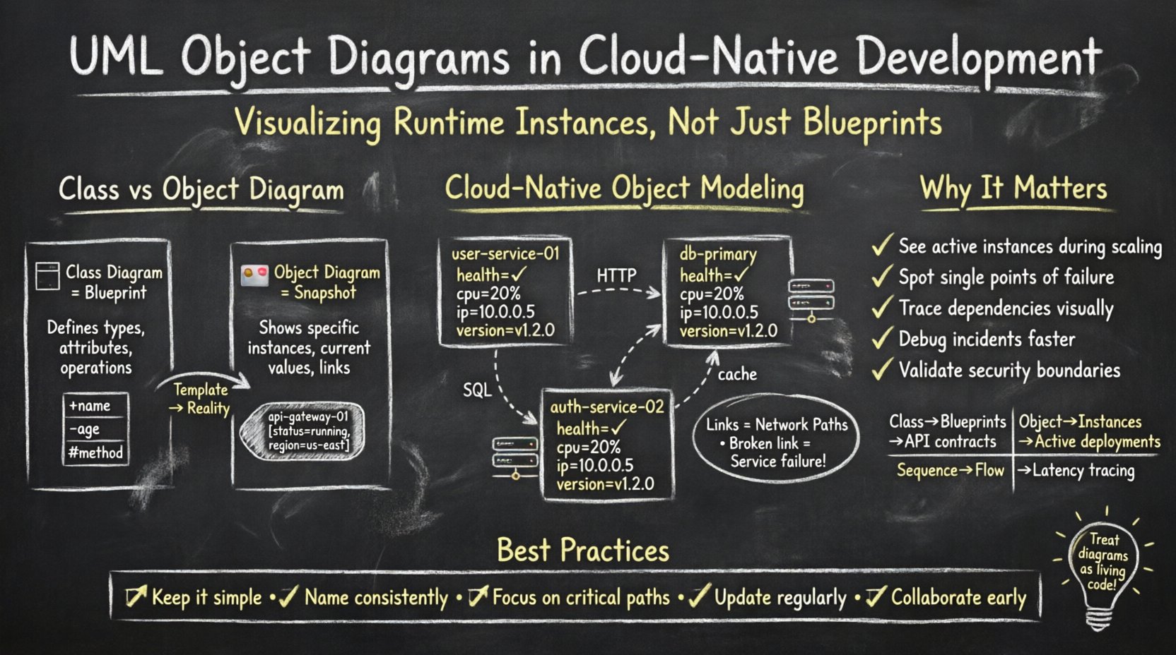 Chalkboard-style educational infographic explaining UML Object Diagrams in cloud-native development: compares class diagrams (blueprints) vs object diagrams (runtime snapshots), illustrates microservice instances with attributes like status and IP, shows service relationships and dependency links, highlights container lifecycle states, scaling strategies, security trust boundaries, and best practices for architecture visualization in distributed systems
