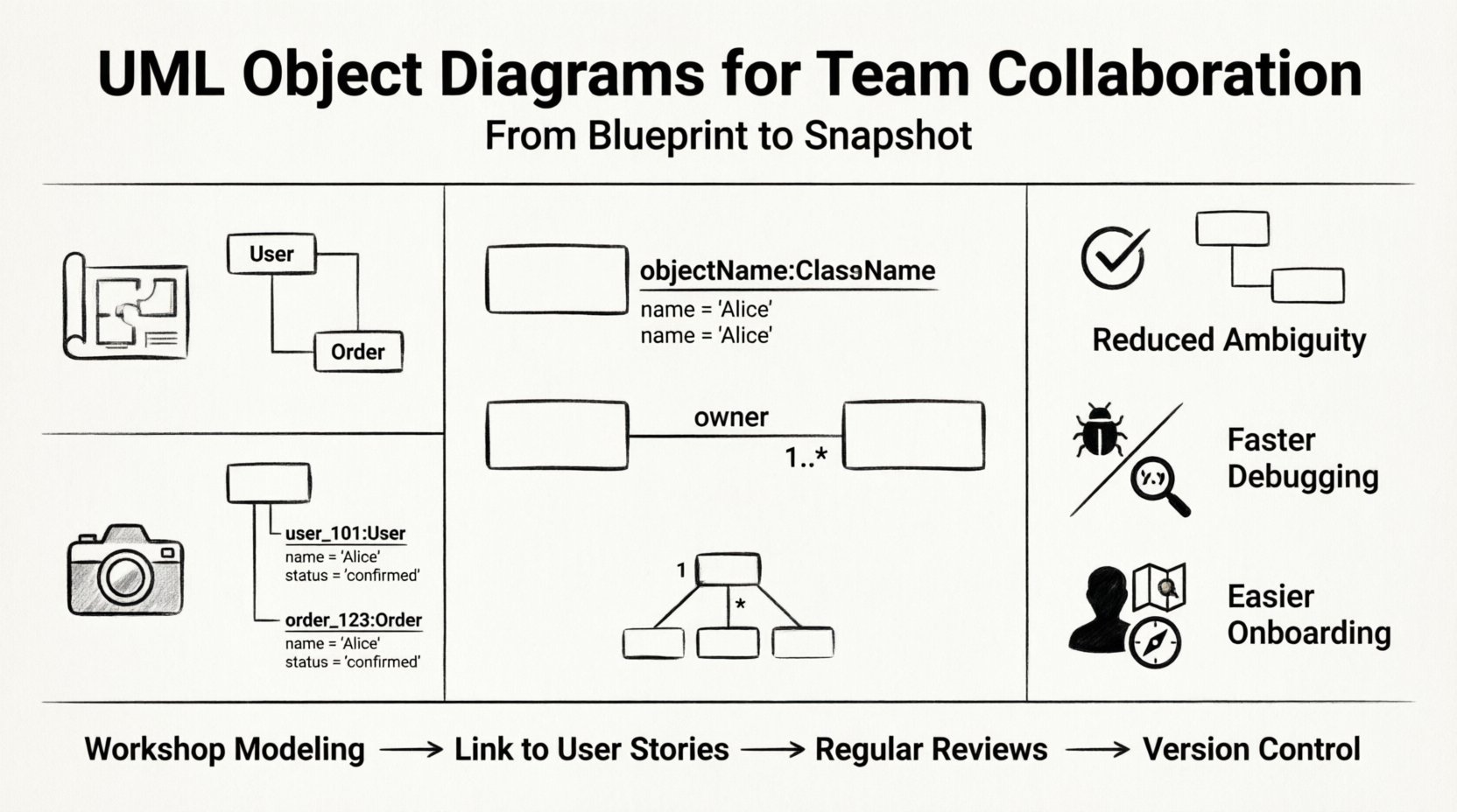 Line art infographic illustrating UML Object Diagrams for team collaboration: compares class diagrams (blueprints) vs object diagrams (runtime snapshots), shows key elements including instances with underlined objectName:ClassName notation, links with role names and multiplicity constraints, and team benefits like reduced ambiguity, faster debugging, and easier onboarding; includes workflow from workshop modeling to version control for software architecture clarity