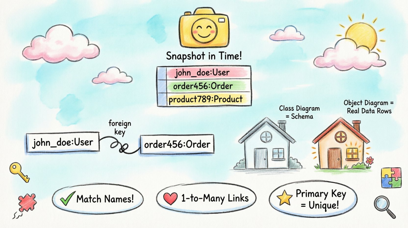 Hand-drawn child-style infographic explaining UML Object Diagrams for database design, featuring snapshot data instances, object links as foreign keys, Class vs Object diagram comparison, and best practices with playful crayon illustrations