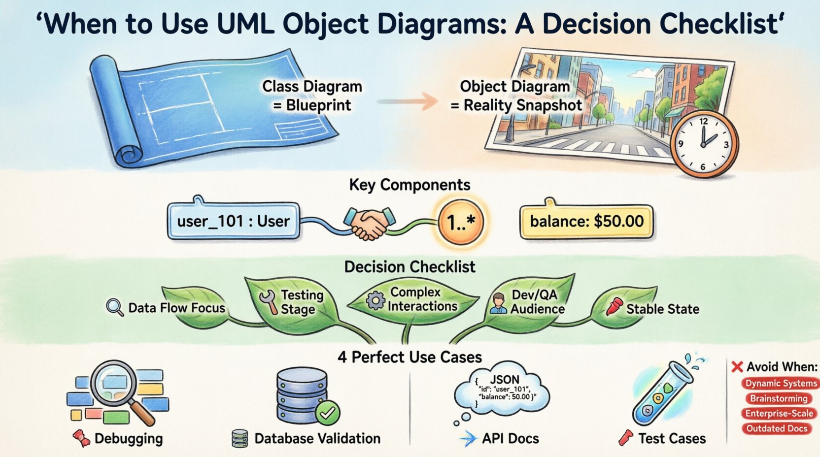 Cartoon infographic: When to Use UML Object Diagrams - Decision Checklist. Shows Class Diagram as blueprint vs Object Diagram as real-time snapshot. Features key components (object instances, links, multiplicity, attribute values), 5-point decision checklist for when to use object diagrams, four use case scenarios (debugging, database validation, API documentation, test cases), comparison with class diagrams, and best practices. Visual style: playful cartoon icons, vibrant colors, 16:9 layout for easy sharing and presentation.