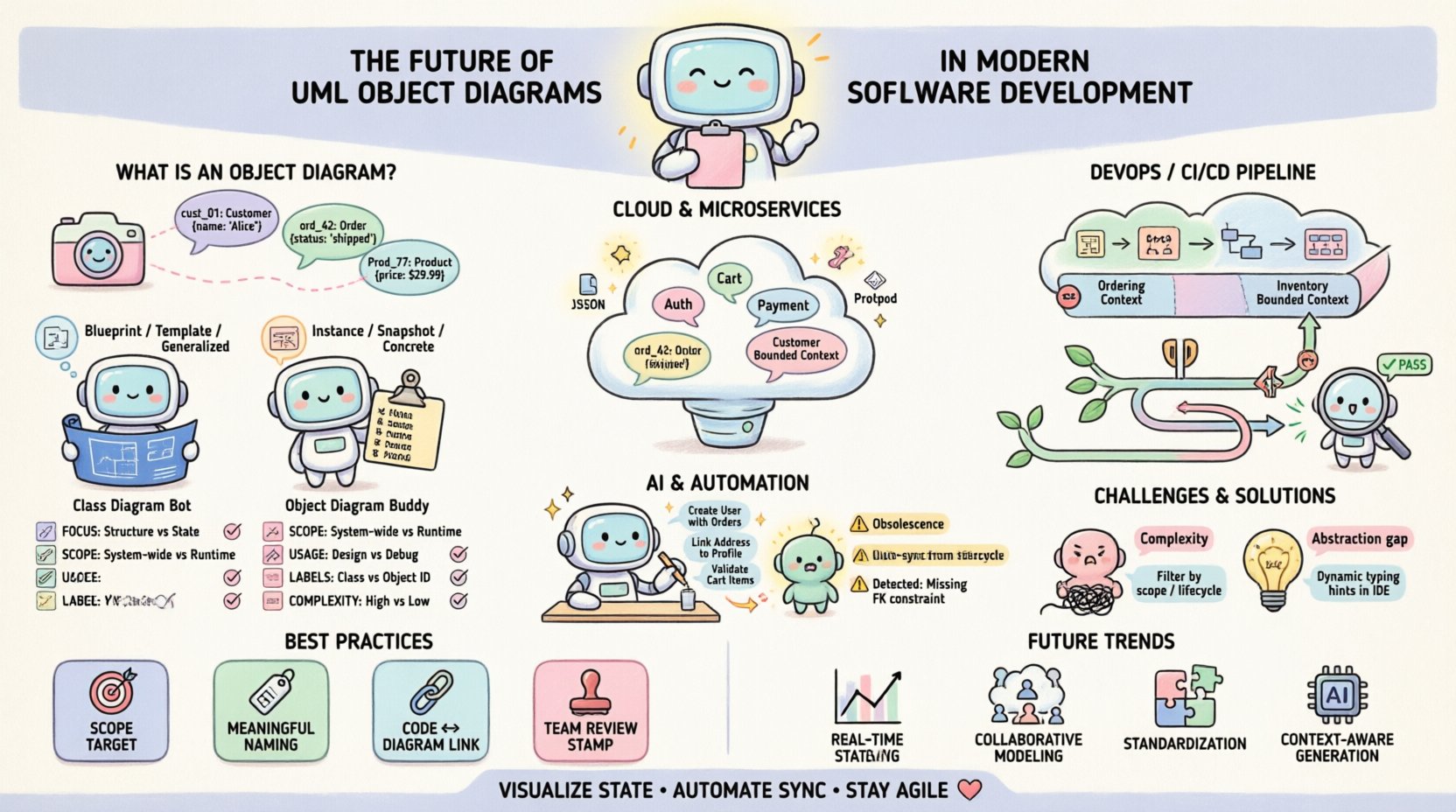 Kawaii cute vector infographic explaining the future of UML Object Diagrams in modern software development, featuring pastel-colored sections on object diagram fundamentals, class vs object diagram comparison, microservices integration, DevOps/CI-CD automation, AI-powered modeling, maintenance challenges, best practices checklist, and future trends like real-time visualization and collaborative modeling, all illustrated with rounded shapes, friendly character mascots, and simplified icons in a 16:9 layout