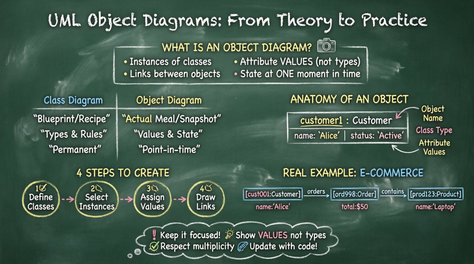 Chalkboard-style educational infographic explaining UML object diagrams: visual comparison of class vs object diagrams, core components (instances, links, attribute values), 4-step creation process, and real-world e-commerce example with hand-drawn chalk aesthetics