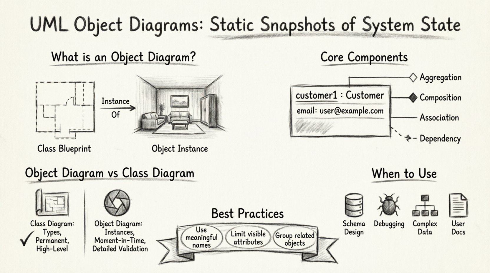 Charcoal sketch infographic explaining UML object diagrams: illustrates definition, core components (object instances with attributes/values, association links, navigation arrows), class vs object diagram comparison, practical use cases for database schema design and debugging, relationship modeling types, and best practices for clear system documentation - educational visual guide for software architects and developers