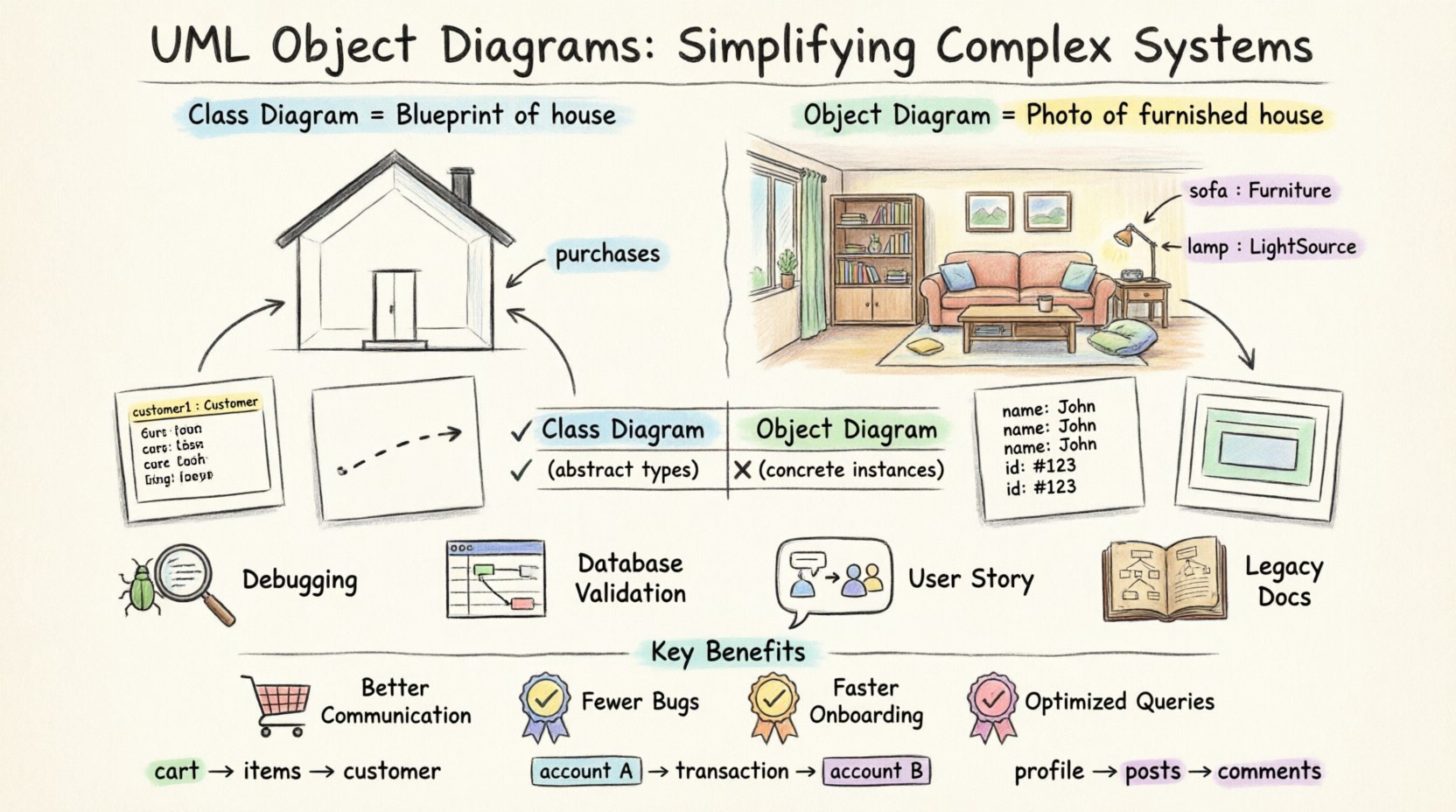 Hand-drawn infographic explaining UML Object Diagrams: visual comparison of Class Diagrams (blueprints) vs Object Diagrams (runtime snapshots), core components including object instances with underlined names, attribute values, and links between objects, use cases for debugging and documentation, step-by-step creation guide, benefits like improved communication and reduced bugs, plus real-world examples in e-commerce, banking, and social networks – all illustrated in sketchy pencil style with pastel colors on 16:9 layout