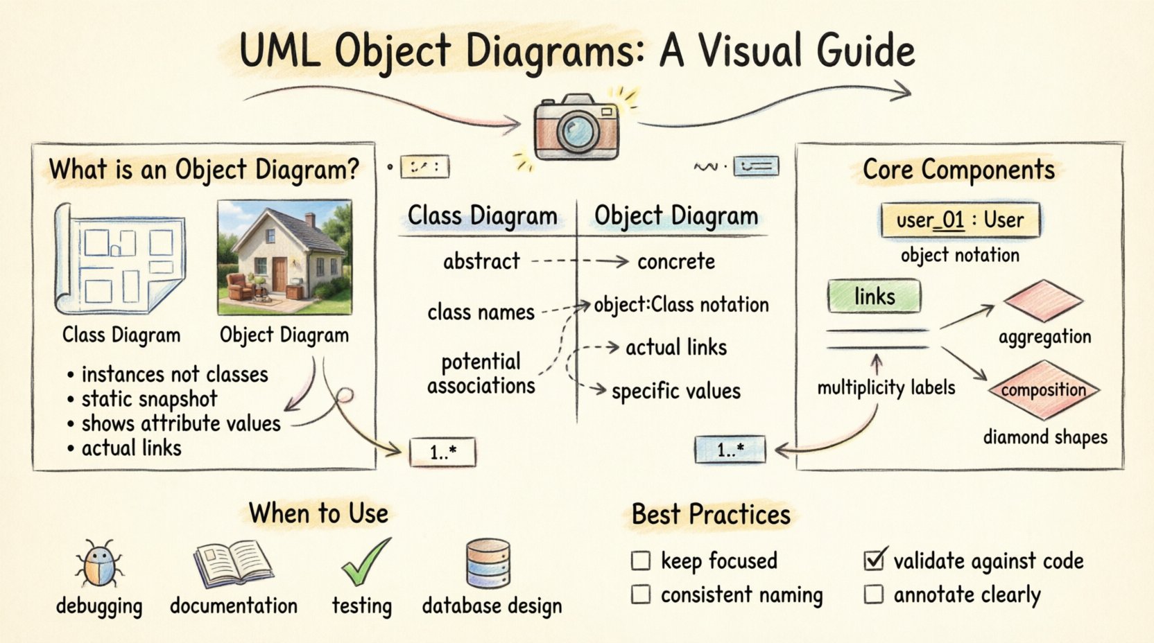 Hand-drawn infographic explaining UML Object Diagrams: shows definition as static snapshot of system instances, visual comparison between class diagrams (abstract blueprints) and object diagrams (concrete photographs), core components including object notation underlined:ClassName, links, multiplicity, aggregation/composition diamonds, use cases for debugging testing documentation database design, and best practices checklist for modeling instances with attribute values and relationship validation