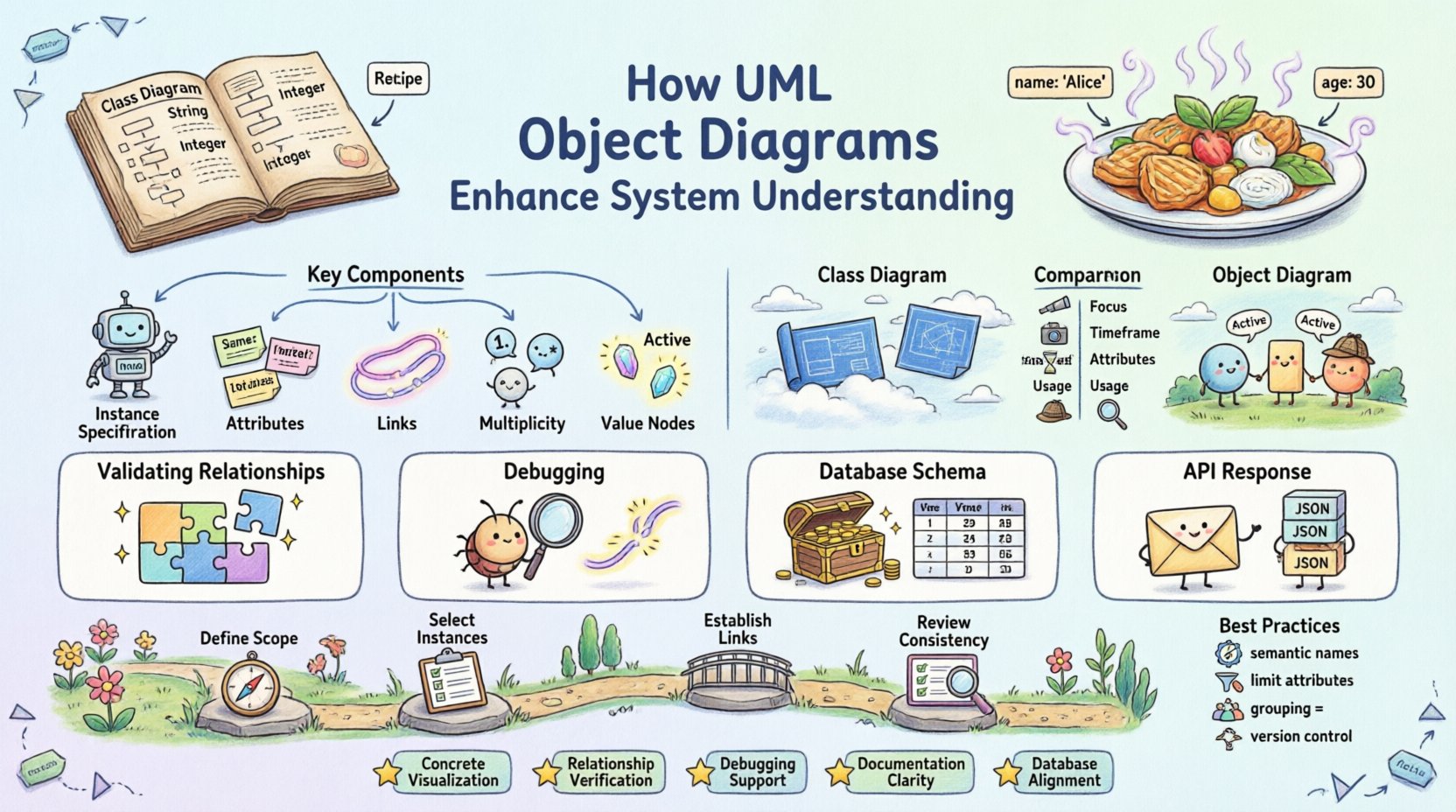 Whimsical infographic explaining UML Object Diagrams: compares class vs object diagrams using recipe/dish metaphor, illustrates key components (instances, attributes, links), shows use cases for debugging and validation, and provides best practices for system design clarity