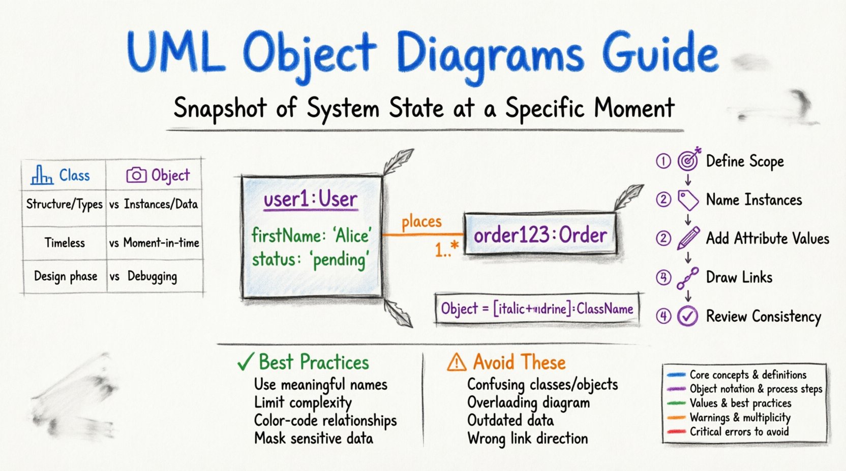 Hand-drawn whiteboard infographic explaining UML object diagrams for technical documentation. Features a central example showing object notation (italicized underlined names like user1:User), attributes with actual values, and links with multiplicity. Includes a Class vs Object diagram comparison table, a 5-step creation process (define scope, name instances, populate attributes, draw links, review consistency), best practices in green markers (meaningful naming, limit complexity, strategic color use, mask sensitive data), and common pitfalls in orange markers (confusing classes with objects, overloading diagrams, outdated data). Color-coded legend: blue for core concepts, purple for notation and process steps, green for values and best practices, orange for warnings and multiplicity, red for critical errors. Whiteboard style with sketchy marker lines, handwritten text, and organic composition in 16:9 aspect ratio.