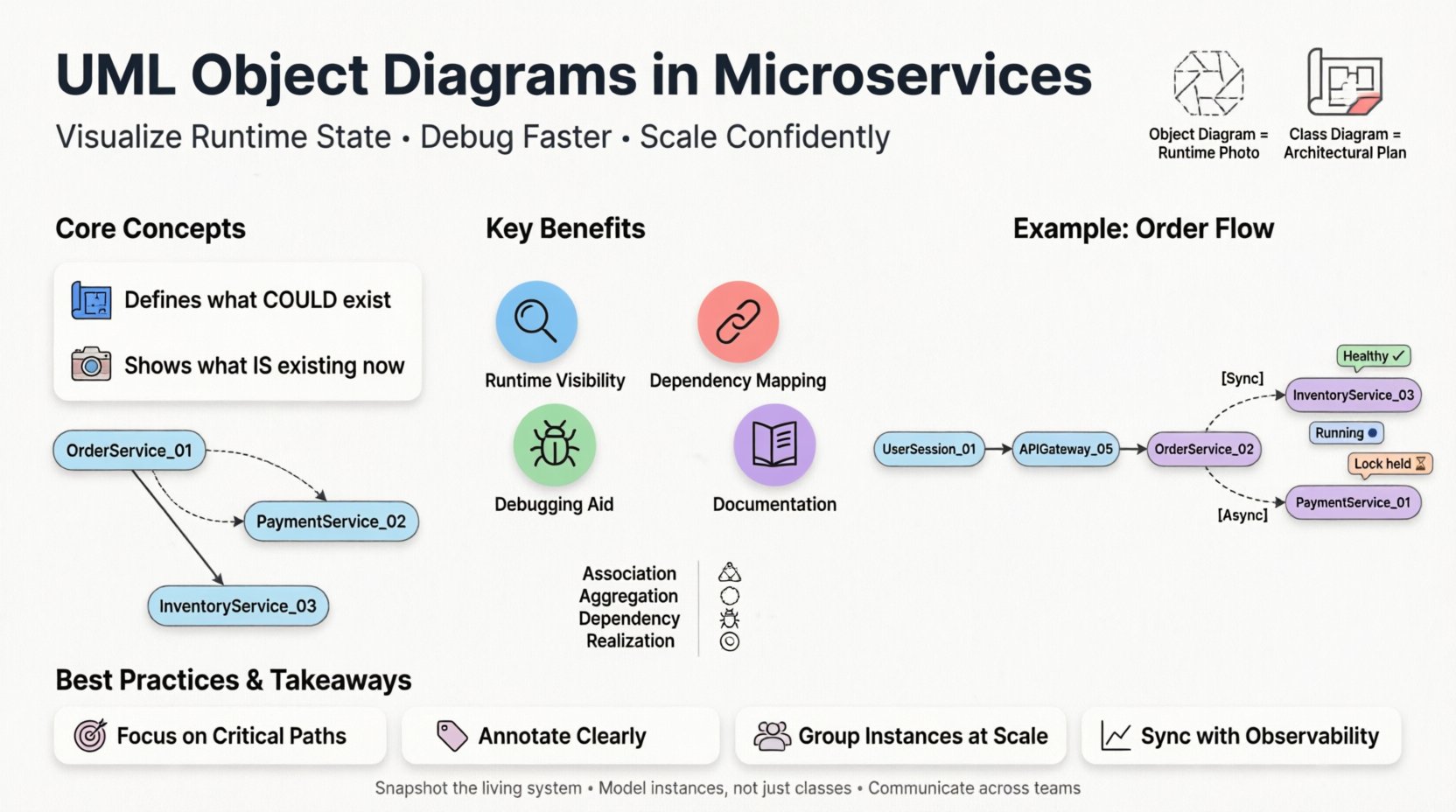 Infographic explaining UML Object Diagrams in Microservices Architecture: compares Class Diagrams (blueprint) vs Object Diagrams (runtime snapshot), illustrates microservices instance visualization with OrderService, PaymentService, and InventoryService examples, highlights four key benefits (runtime visibility, dependency mapping, debugging aid, documentation), shows relationship types (Association, Aggregation, Dependency, Realization) with icons, demonstrates order fulfillment flow with sync/async connections, and shares best practices for scaling, annotation, and observability integration. Flat design with black outlines, pastel colors, rounded shapes, and student-friendly layout optimized for social media and educational use.