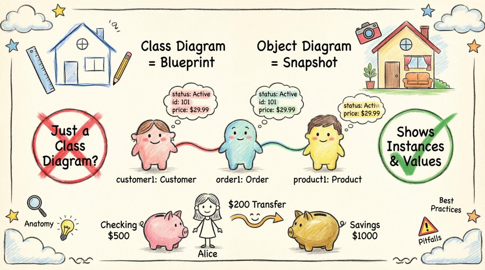 Child-style infographic explaining UML Object Diagrams: visual comparison of class diagram blueprint vs object diagram snapshot, playful cartoon instances with attributes and links, myth-busting facts vs fiction badges, and simple banking transaction example with Alice and accounts, all in bright crayon colors with hand-drawn aesthetic
