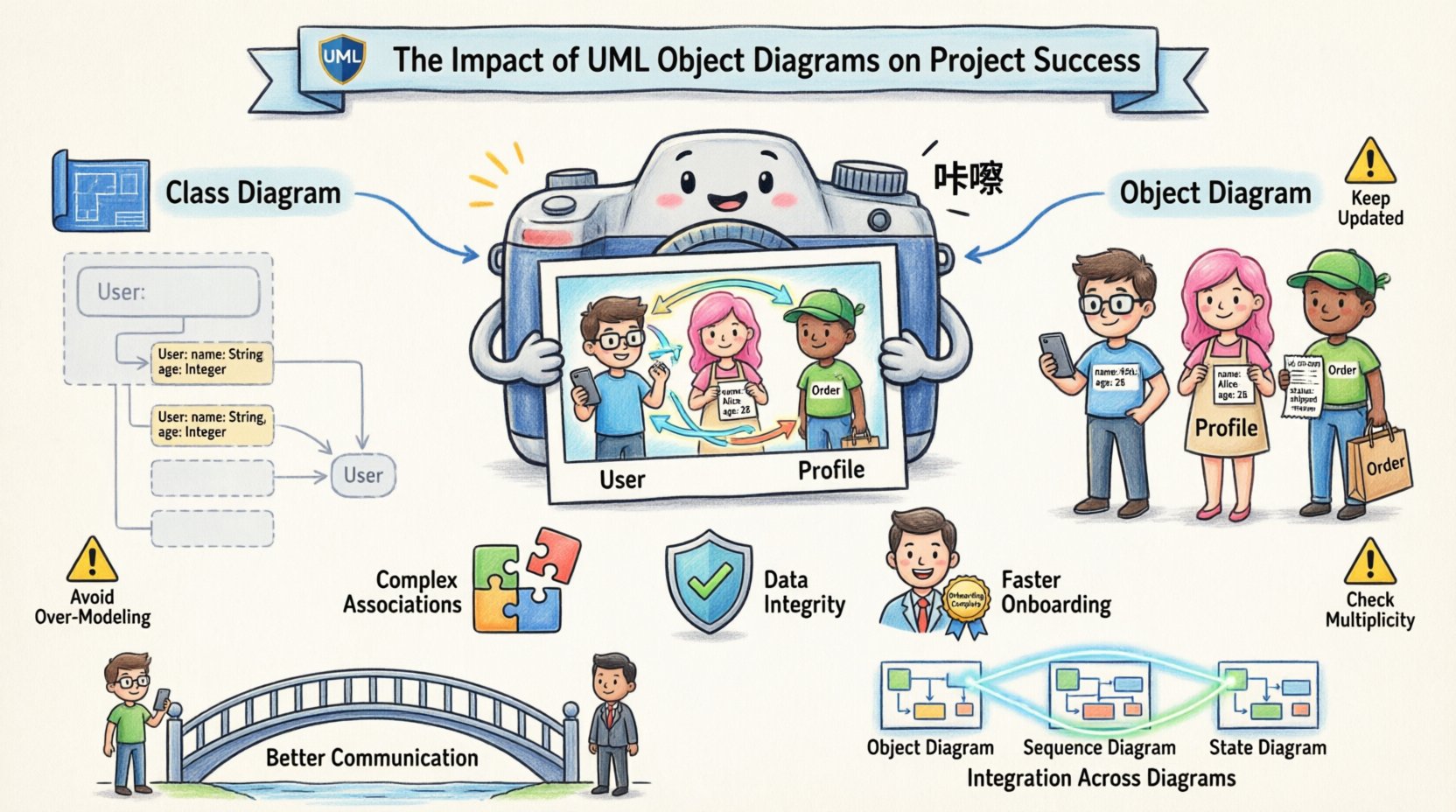 Cartoon infographic illustrating how UML object diagrams improve project success: shows snapshot concept with camera capturing object instances, compares class diagrams vs object diagrams, highlights benefits like clarifying associations, ensuring data integrity, accelerating onboarding, bridging developer-stakeholder communication, and integrating with sequence/state diagrams, with tips to avoid common modeling pitfalls